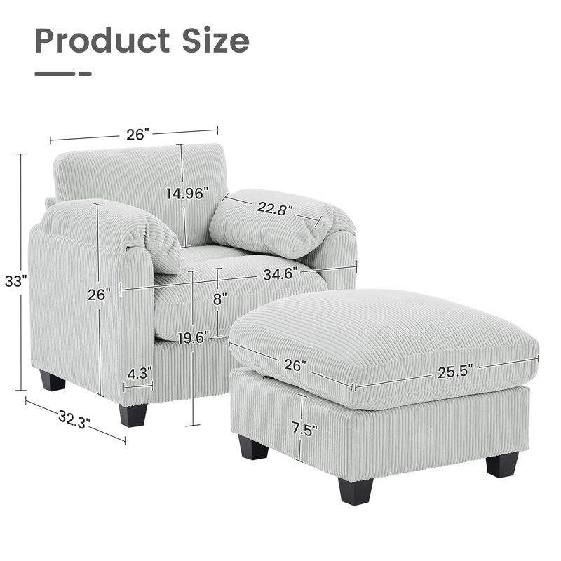 Fauteuil d'appoint 34,6 po avec repose-pieds, Velours côtelé gris
