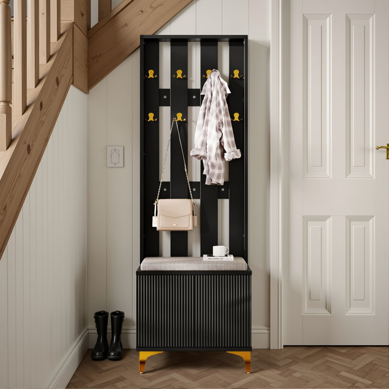 Modern Ribbed Hall Tree With Shoe Storage, Hallway Unit With Padded Bench, Hall Stand With 8 Gold Hooks, Black