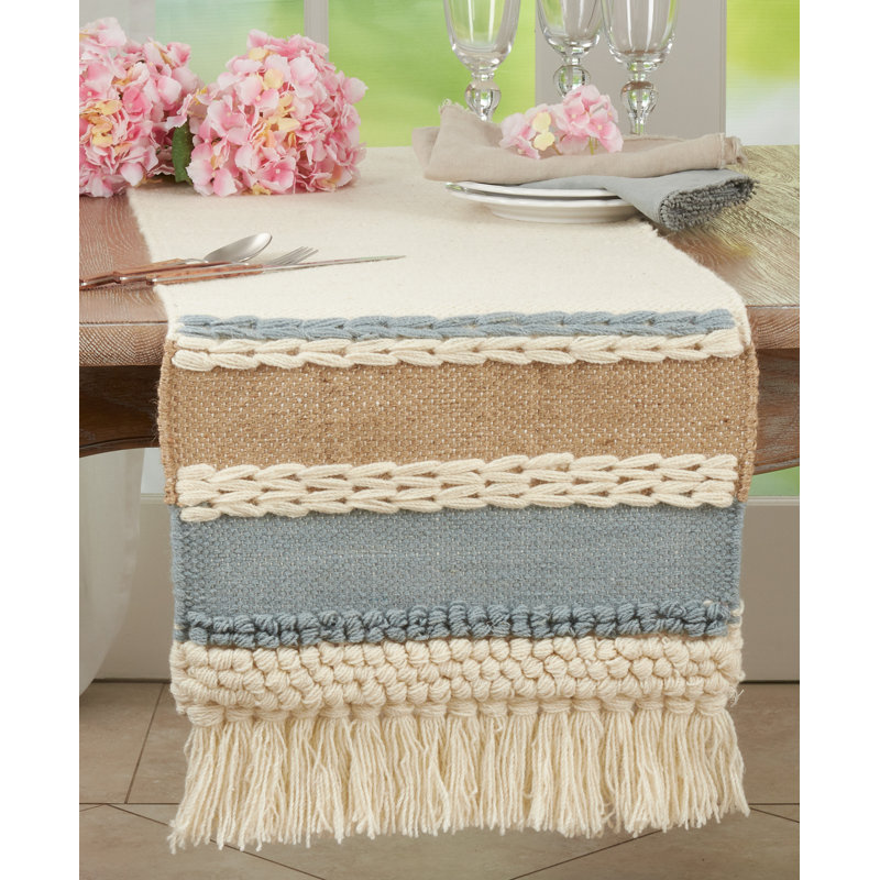 Blue and Natural Wool Boho Table Runner with Tassels