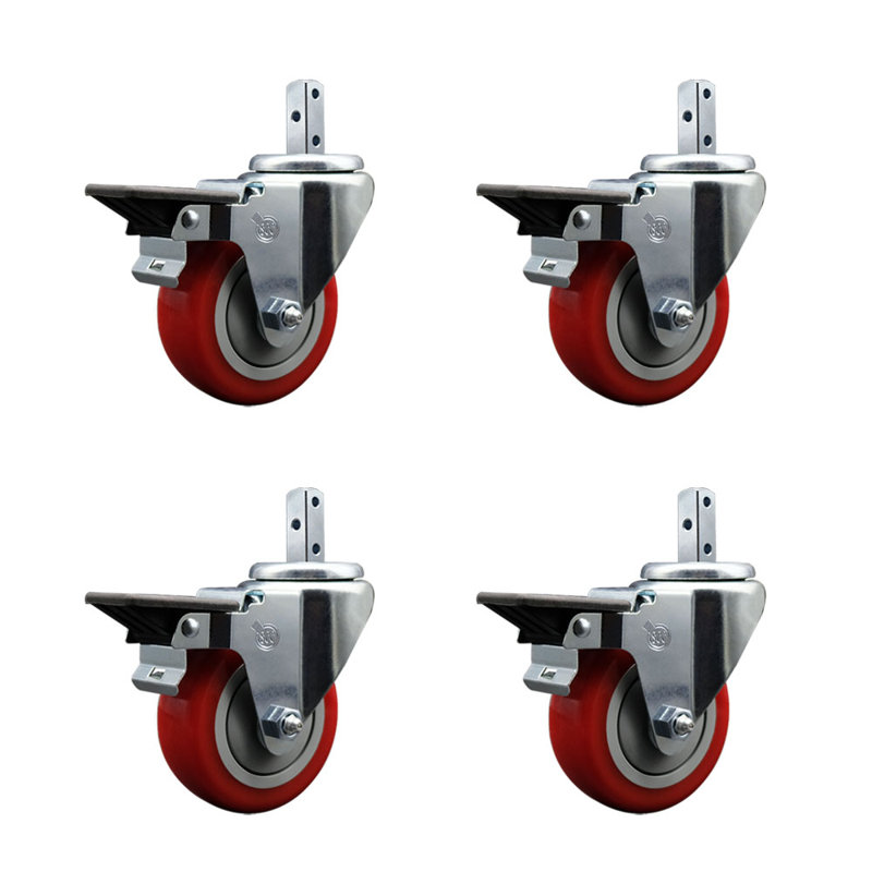 Ensemble de roulettes à tige carrée pivotante en poly avec frein SCC, Rouge