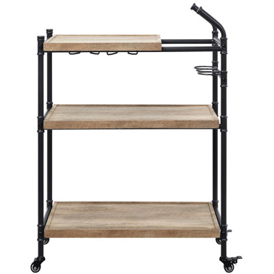 2-shelf Serving Cart With Rustic Charm - Oak And Sandy Black, Stemware , Lockable Wheels, Ample Storage Industrial Look