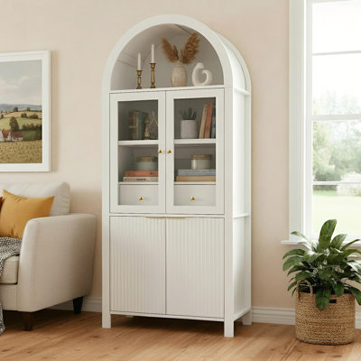 71" Fluted Tall Arched Pantry Cabinet With Glass Doors & Adjustable Shelves, Elegant Display Storage For Kitchen, Living Room, Dining Room, White