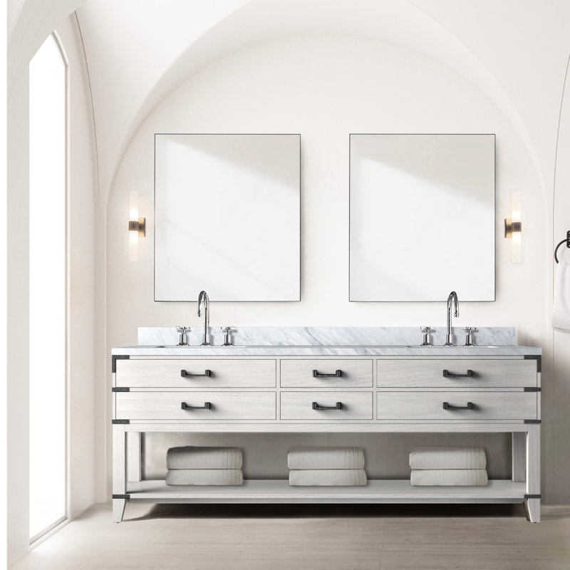Meuble-lavabo double en chêne blanc 84 po, comptoir en marbre, robinet, fermeture en douceur, armoire de rangement à quatre tiroirs l 84 po x P 22 po avec quatre tablettes suspendues