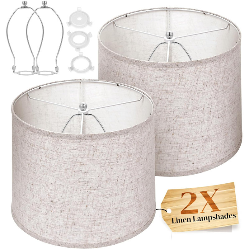 Abat-jour tambour en lin fabriqué à la main, ensemble de 2, beige, haut 11,6 po x bas 12,6 po x hauteur 9,8 po