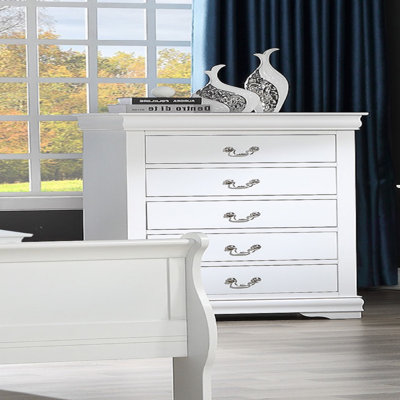 1Pc White Finish Five Drawers Louis Philip Chest Solid Wood Contemporary Sleek Ample Storage