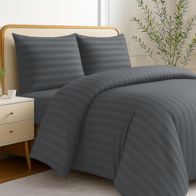 Striped 4-Piece Microfiber Bedding Set, Duvet Cover, Fitted Sheet & Pillowcases , Grey Striped