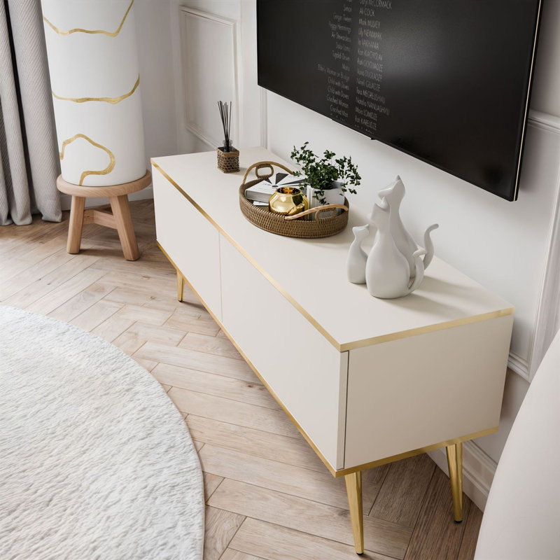 OXFORD III TV Stand with Golden Legs, Beige, 53cm H x 135cm L x 32cm W
