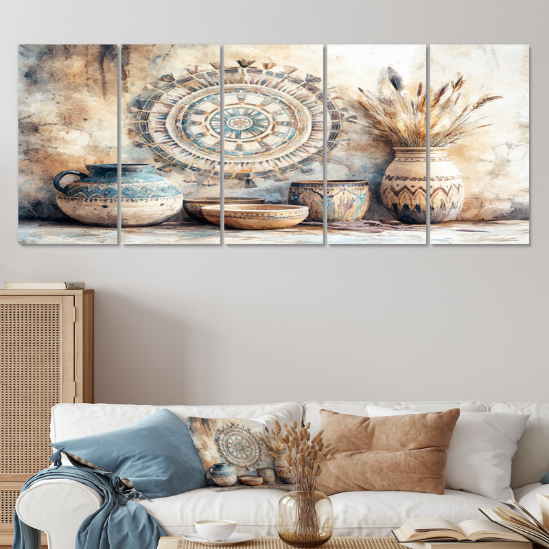 «Blue Brown Native Art Pottery Serenity - Boho Pottery», ensemble de reproductions d'art mural, H 28 po x l 60 po