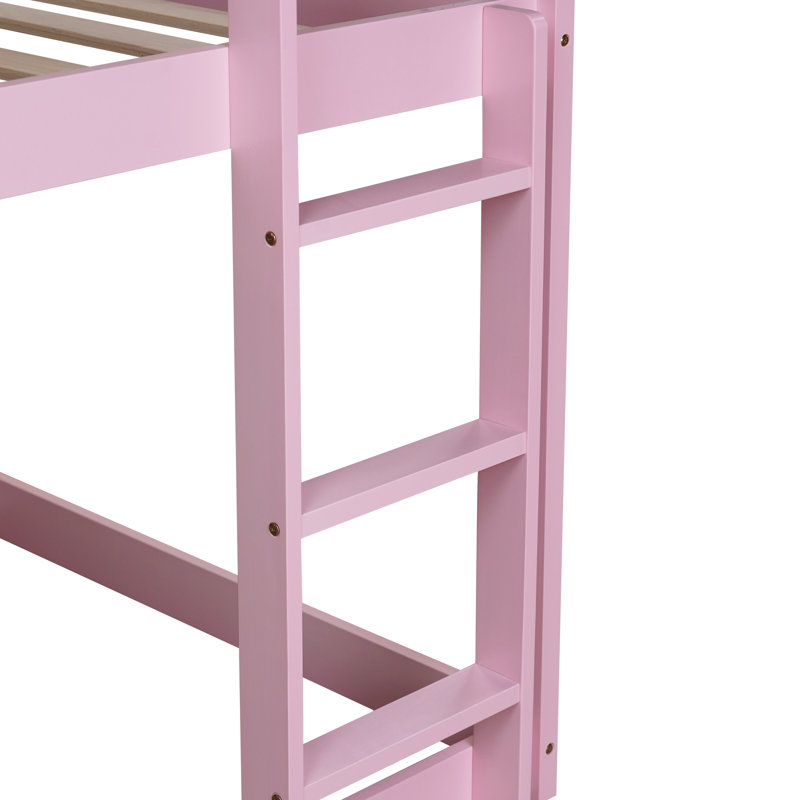 Twin Over Twin Solid Wood Bunk Beds With Ladder, Pink