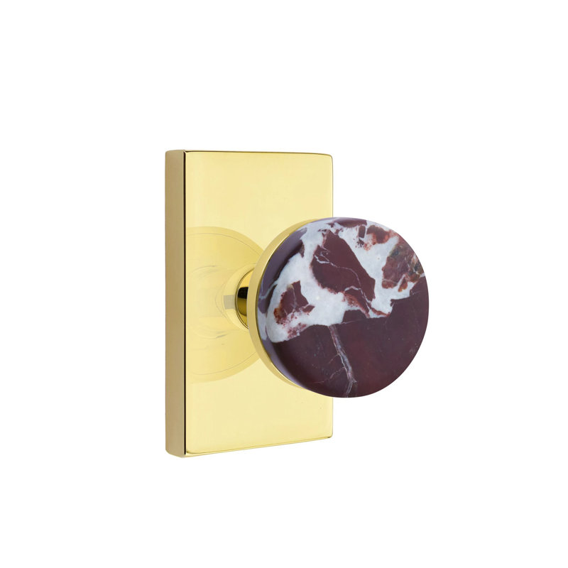 Emtek Select Dummy Knobset w/ Modern Rectangular Rosette & Conical Stem, Rosso Levanto Marble Knob, Unlacquered Brass