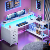 L Shaped Desk With 4 Drawers And Storage Shelves, L Shaped Gaming Desk With Led Lights & Power Outlets, Computer Desk With Shelves & Drawer, Corner Desk Home Office Desk