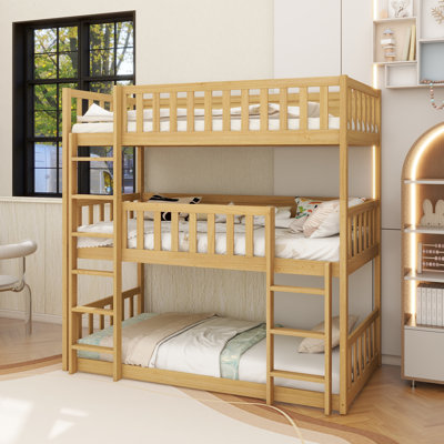 Twin Size Triple Rubber Wood Bunk Bed, With Ladders, Guardrails Detachable Bunk Bed, Twin Over Twin Over Twin,Natural