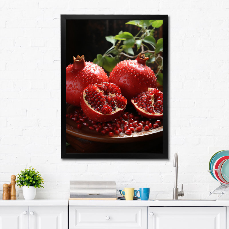 Fruit, grenade rouge, pointillisme I - ferme, impression d'art mural FDP72228, Cadre noir, H 20 po x l 12 po x P 1 po