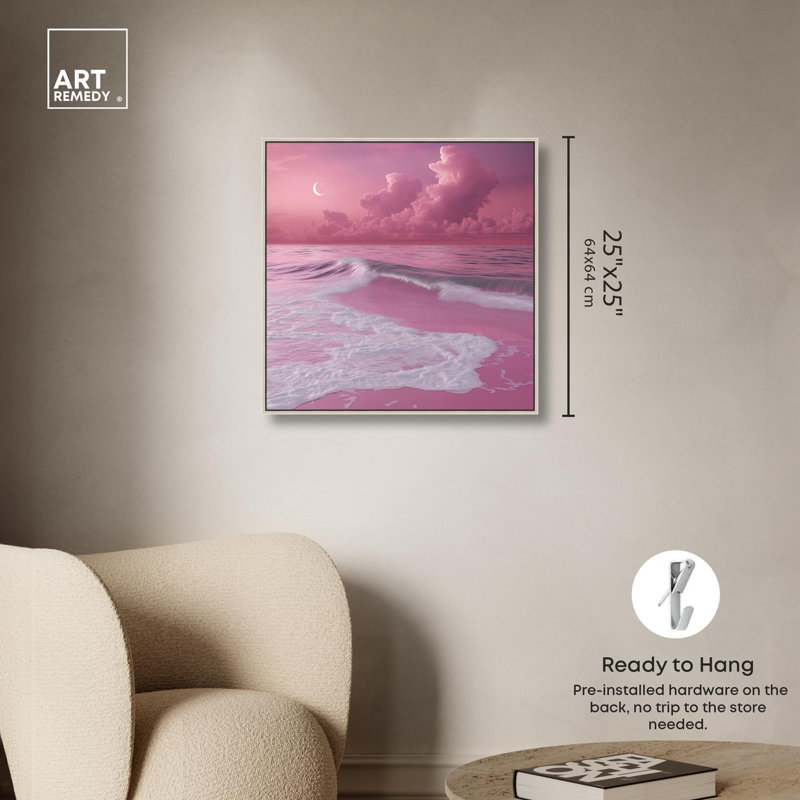 «Pink Beach» par Glam Beach Art par Art Remedy, H 25 po x l 25 po, Cadre flottant argenté