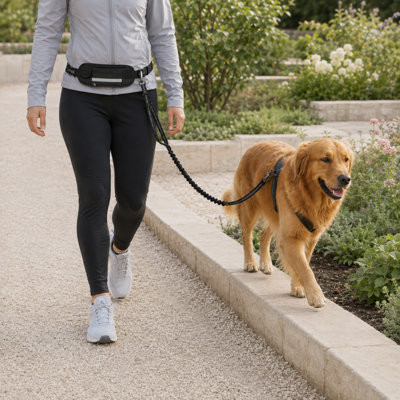 Hands-Free Dog Running Leash Set with Adjustable Waist Belt, Zippered Pouch, Shock-Absorbing Bungee Lead and Reflective Trim