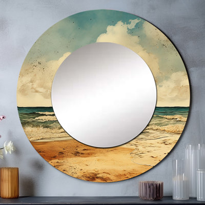 Vintage Beach Side Scenery II - Beach Sand Decorative Mirror, Beige Round Wall Mirror, Printed Metal Art