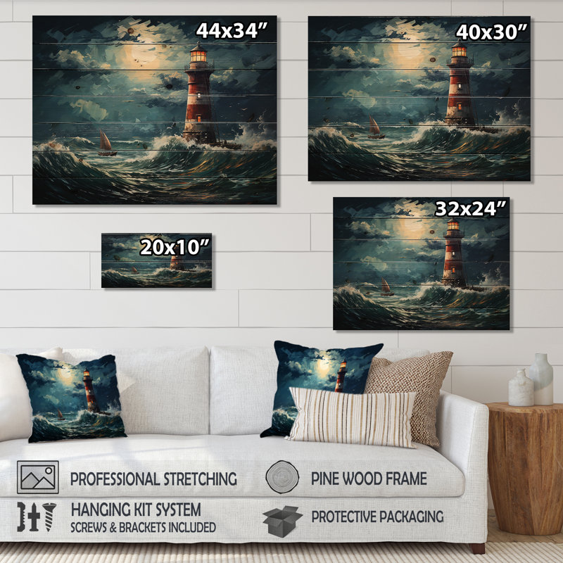Phare sur mer orageuse I - Phares sur bois, H 30 po x l 40 po x P 0,78 po