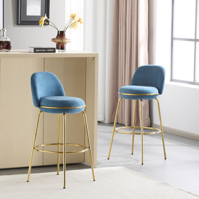 Tissu bleu en métal doré de 2, style épuré, dossier bas pour sièges décontractés, pieds, silhouette rembourrée de teinture, nettoyage de comptoir à profil bas
