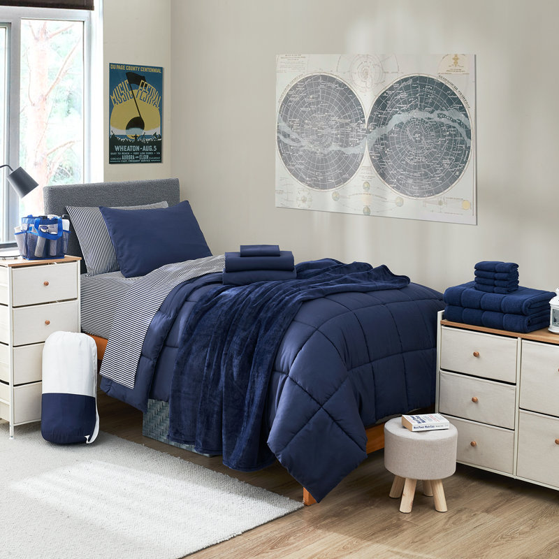 Navy Cotton Twin XL Dorm Bedding Set for Adults