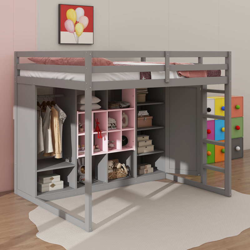 Full-Scale Raised Loft Bed Featuring Closet, Racks, Gray/Pink