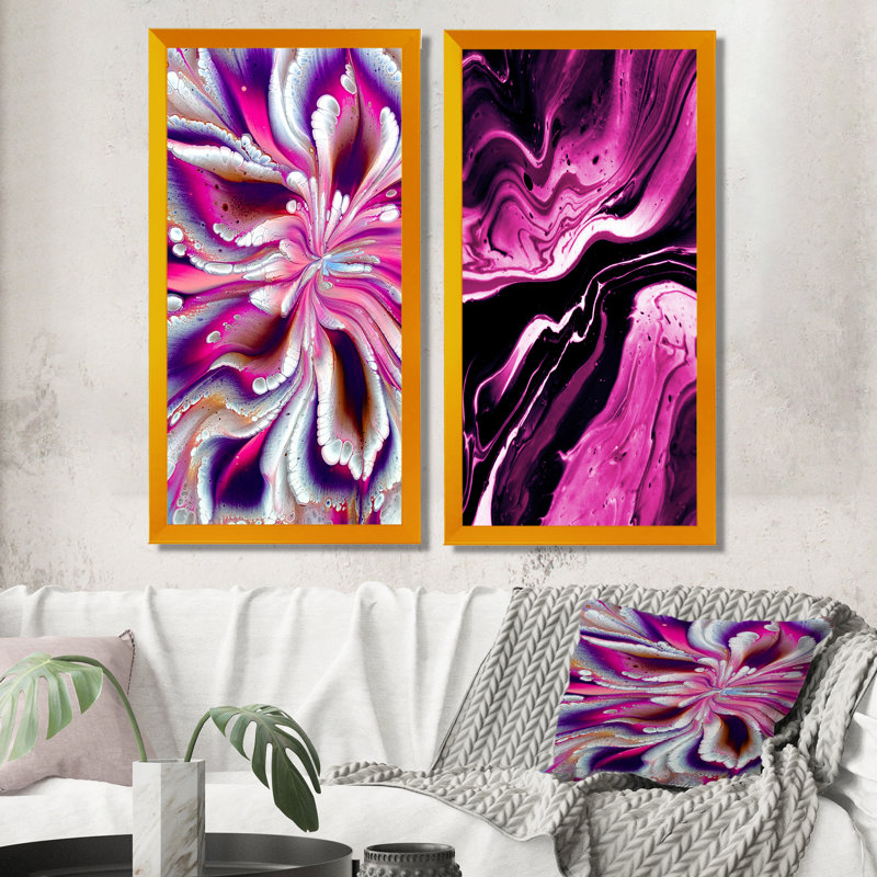 «Colorful Mixed Fluid Art», ensemble de 2 peintures sur toiles, H 32 po x l 32 po x P 1 po, Cadre photo doré