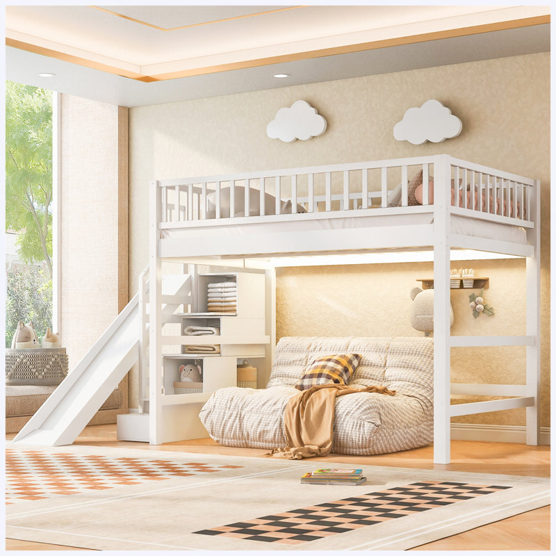 Lit mezzanine double blanc avec escalier de rangement, glissade et lumière DEL intégrée