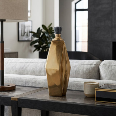 Modern Faceted Metal Flower Vase with Marble Lid for Home Decor - Sculptural Tall Table Vase for Living Room or Entryway Display - Gold