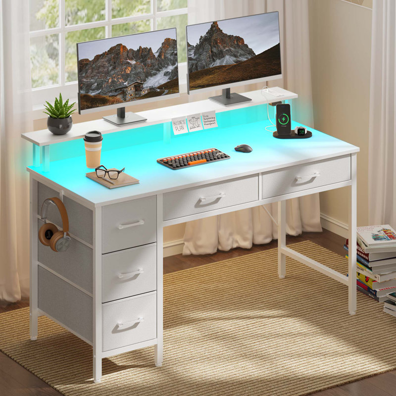 Computer Desk with Monitor Stand & Charging Station, Gaming Desk with LED Lights &  Drawers, 35.2" H x 47.2" W x 18.5" D