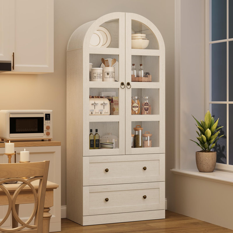 72" Tall Arched Kitchen Pantry Cabinet, Rustic Farmhouse Storage Cupboard with Glass Doors & Drawers, Wood Hutch with Sturdy Shelves for Dining Room, Living Room