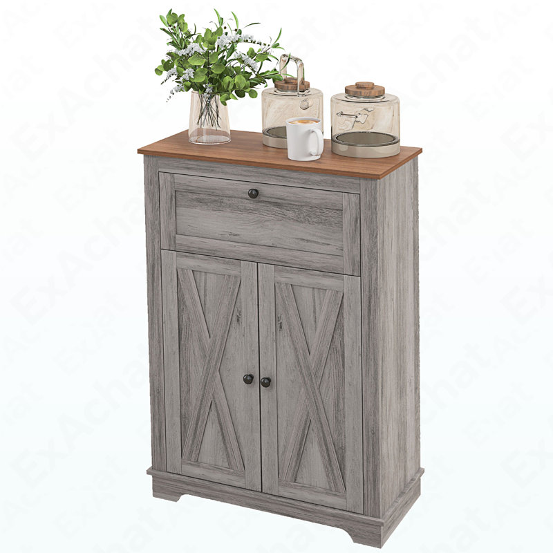 Farmhouse Accent Cabinet With Barn Door - Adjustable Shelf Double Door Drawer Kitchen Sideboard, Gris