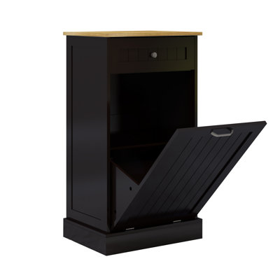 Tilt-Out Trash Can Cabinet with Drawer - Black Kitchen Storage Organizer, MDF Waste Bin Hideaway with Recycling Compartment