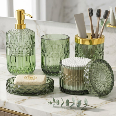 5 Pieces Vintage Green Glass Bathroom Accessory Kit, Includes Soap Dispenser, Toothbrush Stand & Cotton Swab Storage Jar, Decorative Countertop Bathroom Decor Set