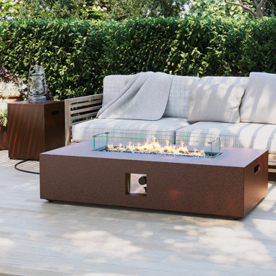  56-Inch Rectangular Iron Propane Gas Fire Pit Table with Hidden Fuel Tank and Glass Wind Guard, Dark Brown