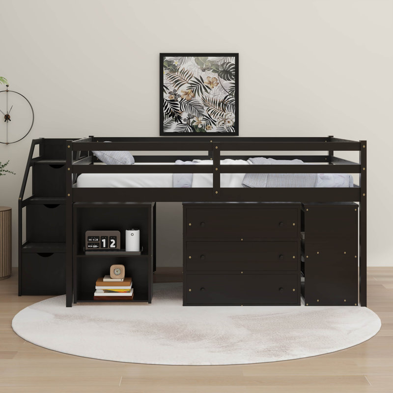 Lit mezzanine double avec bureau d'écriture rétractable et 3 tiroirs, Espresso