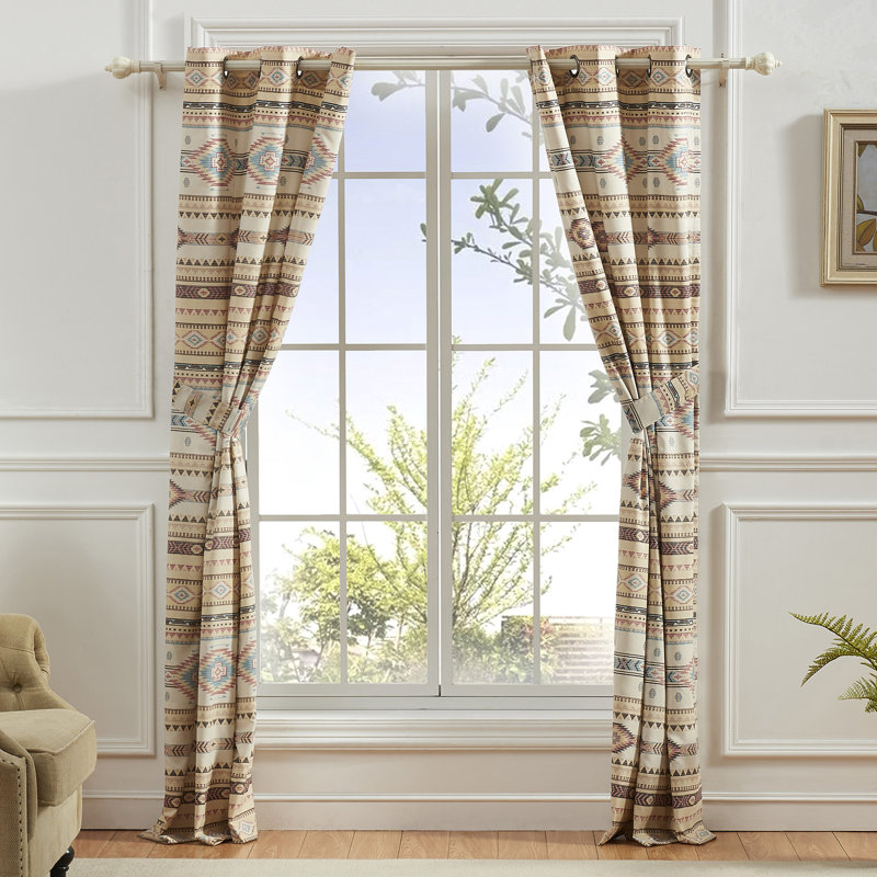 Phoenix Beige Southwest Geometric Light-Filtering Grommet Curtain Panels