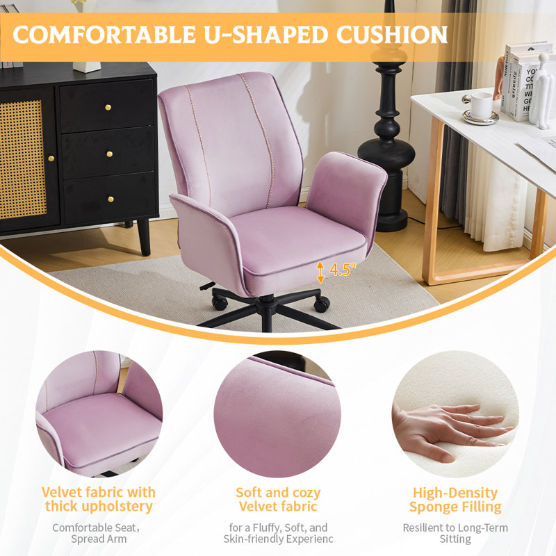 28.5“ W Velvet Dovetail Swivel Office Chair With Wheels, Purple