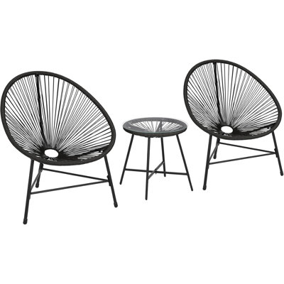 Ensemble de chaises 3 pièces Acapulco, ensemble de meubles de patio toutes saisons avec corde en plastique, table en verre et 2 chaises, ensemble bistro de conversation tissé