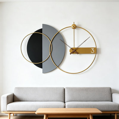 Modern Wall Clock With Black And Gold Design, Large Round Metal Frame, Contemporary Minimalist Decor For Living Room, Office And Dining Area