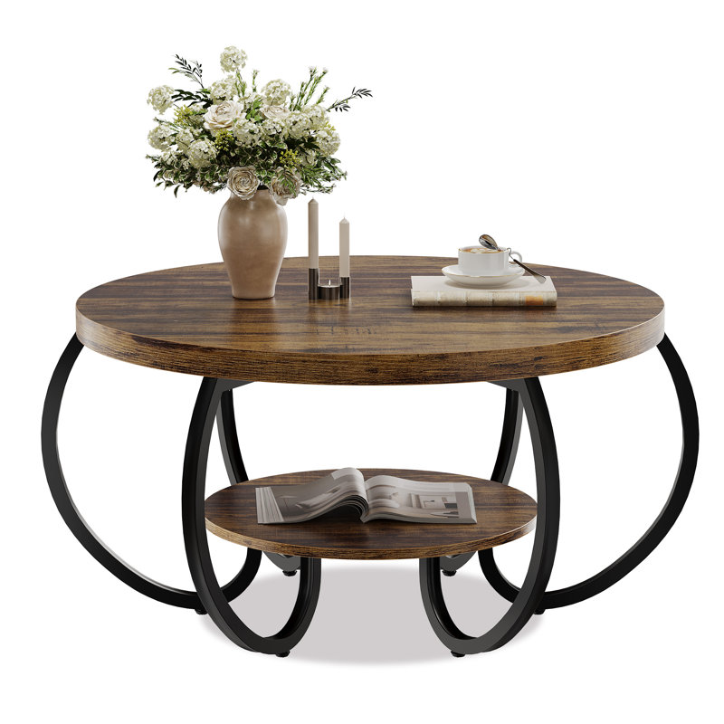 30 Inch Round Farmhouse Coffee Table with Storage Shelf, 2 Tier Rustic Wood Center Table with Curved Metal Legs, Compact Living Room Furniture for Small Spaces Apartments Office, Brown