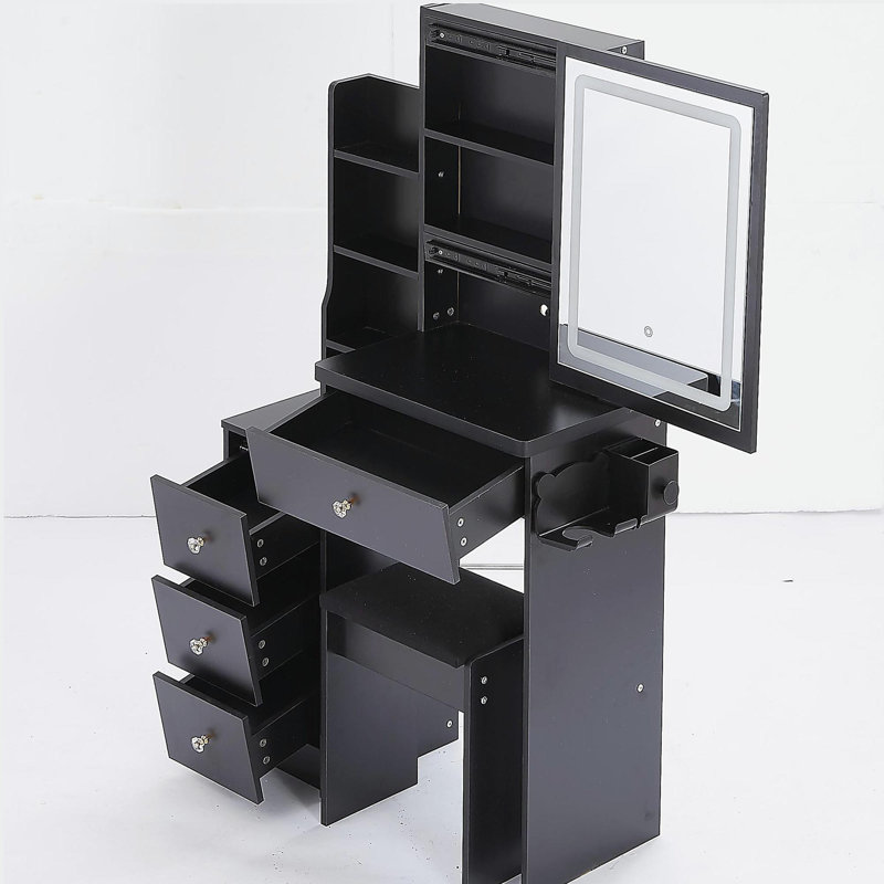 Petite coiffeuse 29,2 po avec tabouret de chevet gauche + tabouret rembourré, 2 blocs d'alimentation CA + 2 ports USB, support pour séchoir à cheveux, très grand miroir à DEL coulissant à commande tactile, changement de luminosité tricolore, réglage de la luminosité