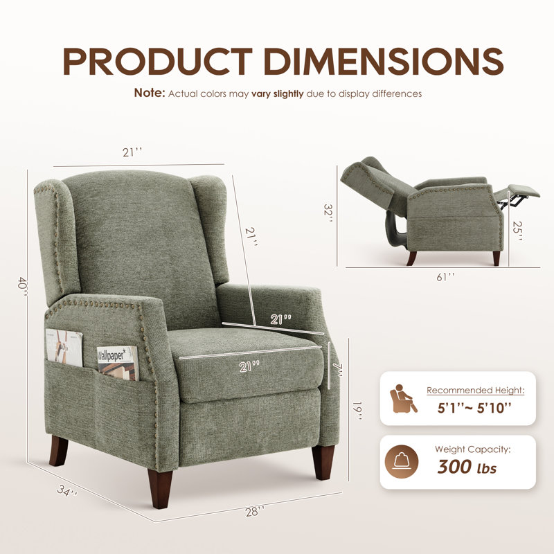 Fauteuil inclinable à dossier clouté avec poche de rangement Kars, Chenille verte performance