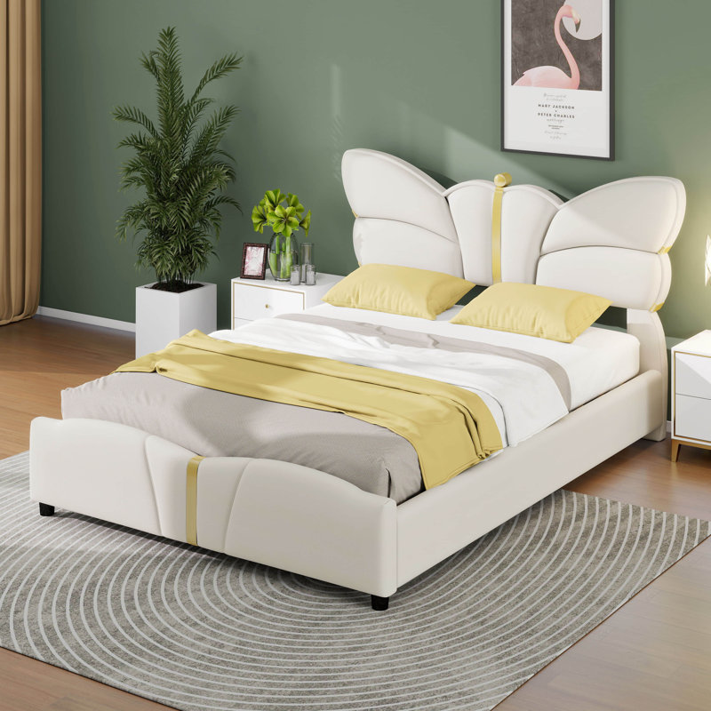 Lit pour grand lit avec tête et pied de lit papillon, lit plateforme tapissier en similicuir avec décor en métal doré, Grand