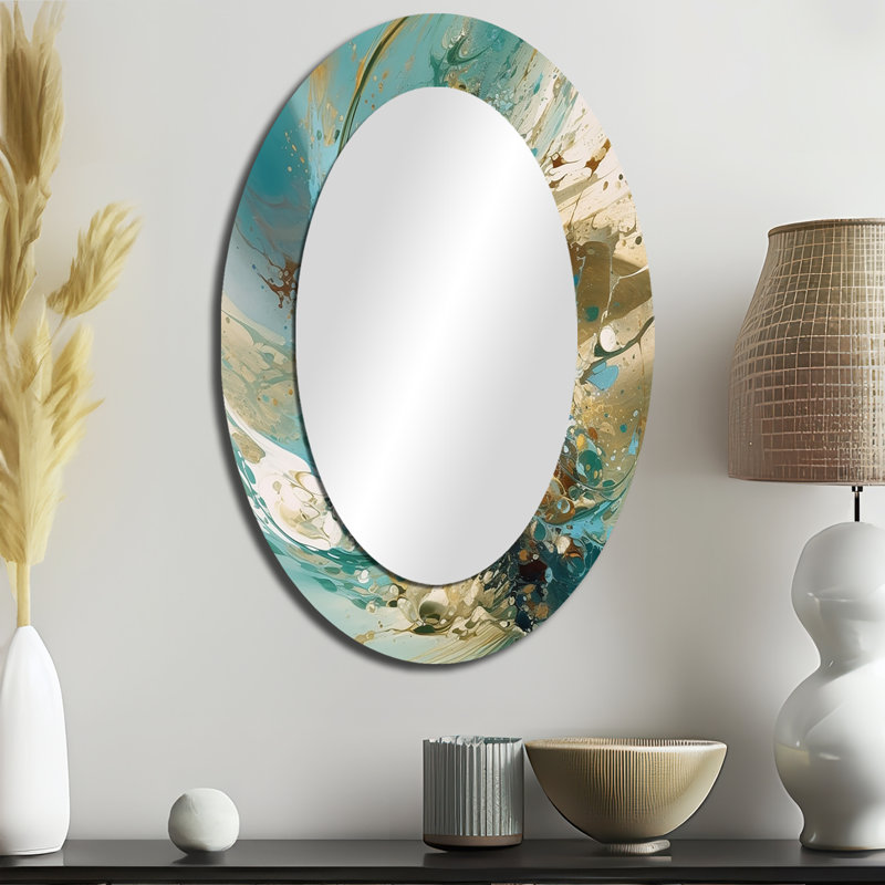 Pierrine turquoise jaune captivant liquide encre - miroir mural unique en marbre, 36 po x 24 po, Oval