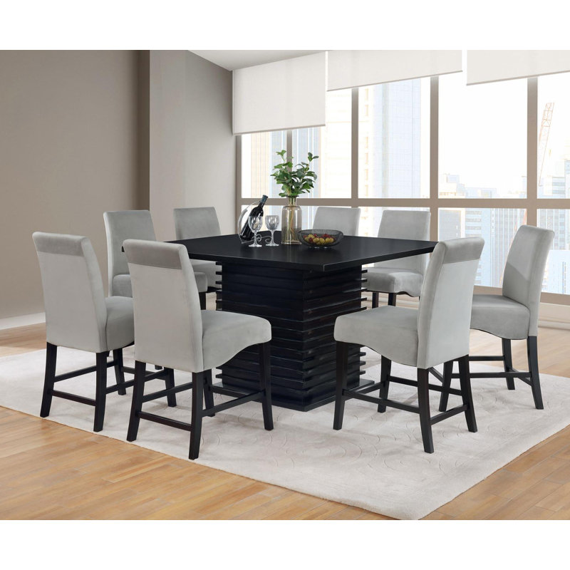 Ensemble de salle à manger à piédestal gris et noir, 9 pièces : table, 8 chaises, H 37 po x L 53,9 po x l 53,9 po