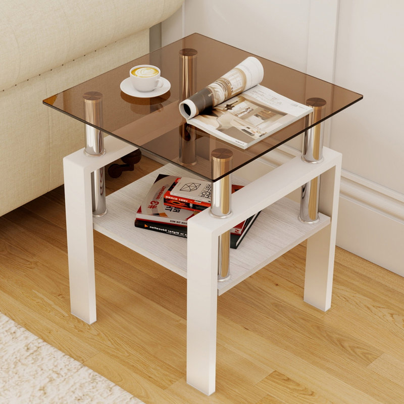 Ensemble de 2 tables à thé avec plateau en verre trempé, table de bout carrée pour le salon, Blanc, Brun
