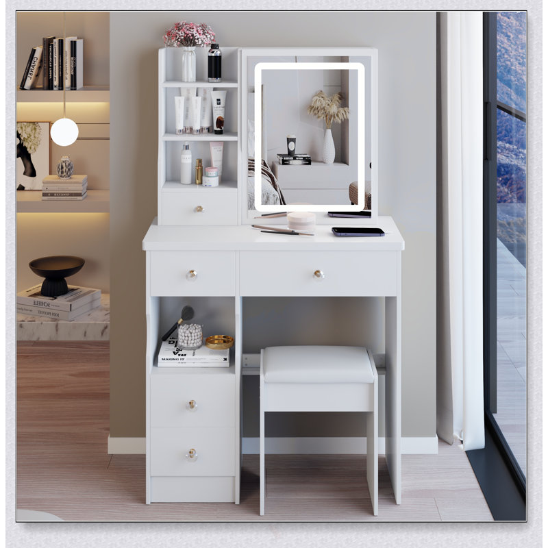 Table de coiffeuse compacte 29,2 pouces avec miroir à DEL, rangement de grande capacité et tabouret rembourré pour les petits espaces