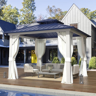 EROMMY 10' X 12' Hardtop Gazebo with Galvanized Steel Roof, All-Season Aluminum Outdoor Pergola with Netting & Curtains, Permanent Outdoor Pavilion with Curtain and Netting for Patio Lawn and Garden, Blue