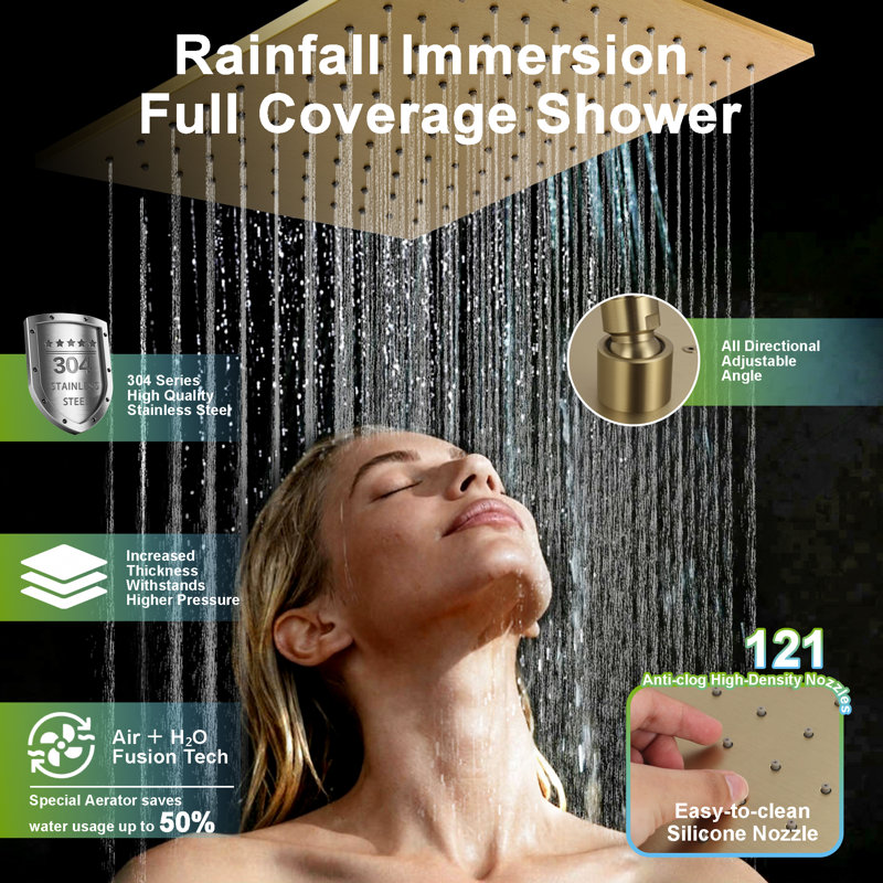 Brushed Gold Rain Shower System With Push Button Diverter, 2-In-1 Handheld And Dual Shower Heads, 12-Inch Ceiling Mount And 6-Inch Wall Mount High Pressure Shower Set