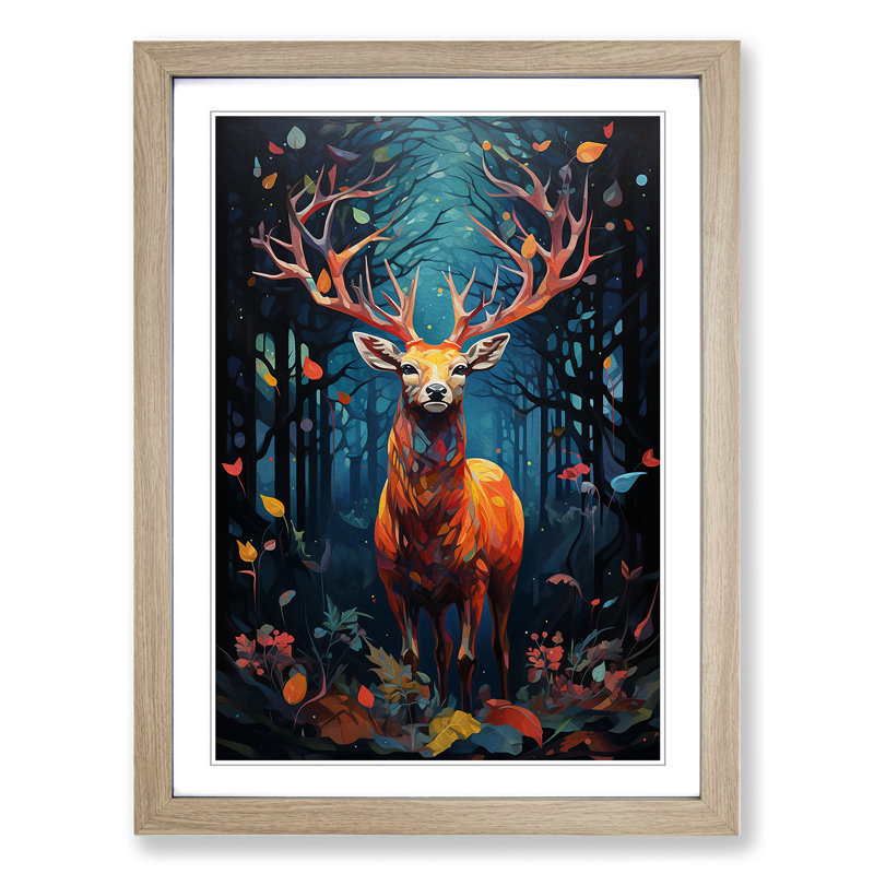 XYZ-FRM-V1223-515 Deer Orphism No.2 1 Piece Single Picture Frame Wall Art, 64cm H x 46cm W x 2cm D, Oak