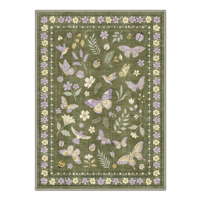 Adonis Serenia Floral Machine Washable Green / Purple / Beige Indoor Area Rug with Non-Slip Backing